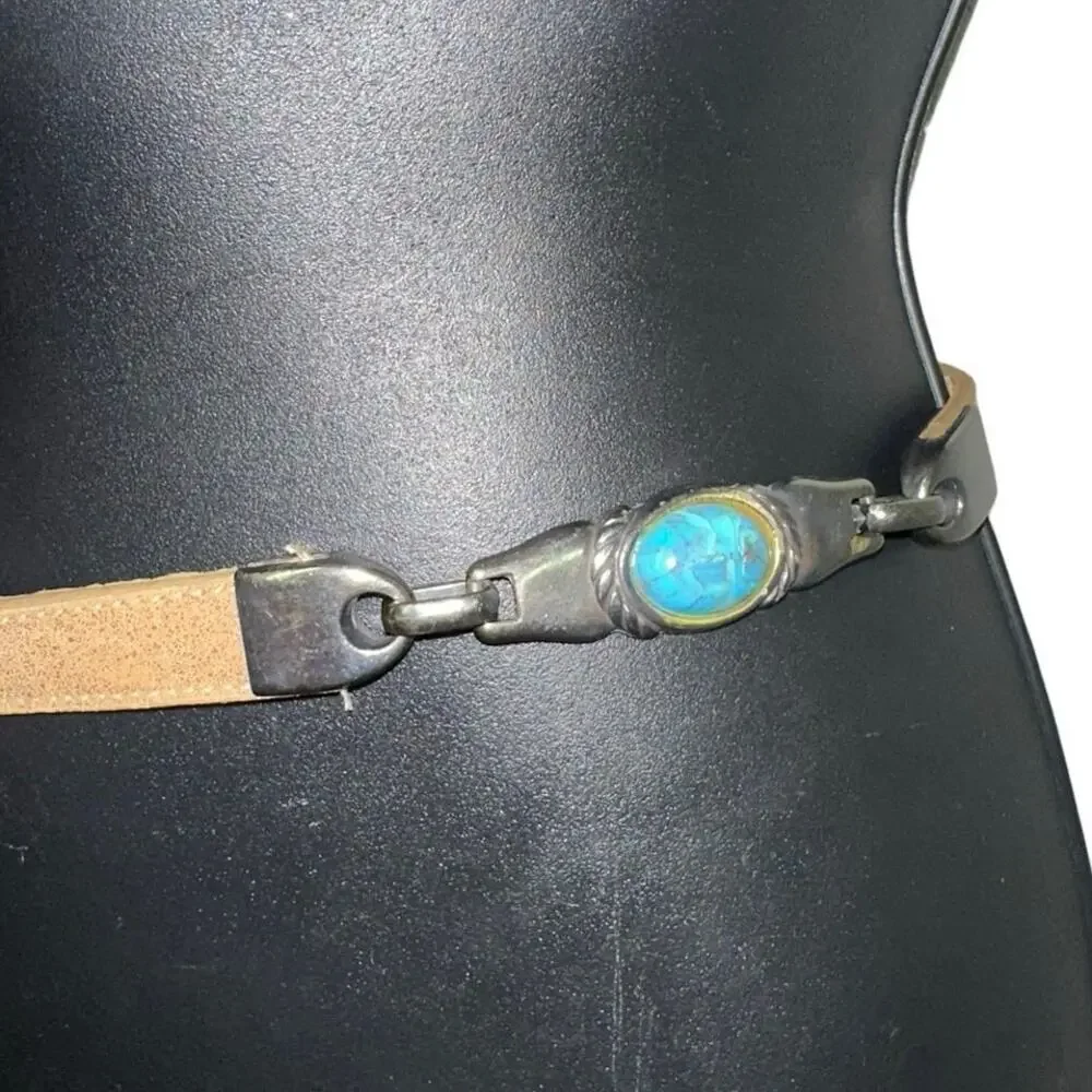 Elite Tan Faux Leather Skinny Chain Belt Turquoise Stone Western Boho Small‎